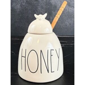 Rae Dunn HONEY Pot Large Letters with Wood Dipper And Bee Lid Magenta EUC!